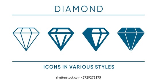 Diamond icon - a symbol of material hardness, strength, and durability. Used to indicate wear resistance, mechanical reliability, and high performance properties shown in different graphic styles.