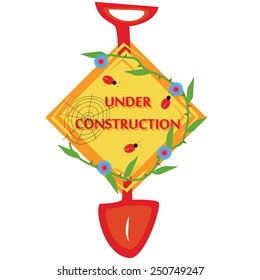 Diamond icon of under construction with spade, bugs, webs and thorn plant