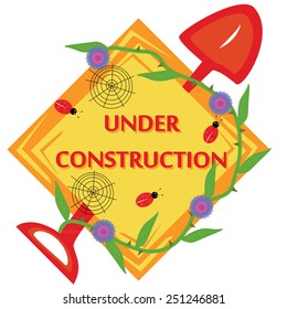 Diamond icon of under construction with spade, bugs, webs and thorn plant