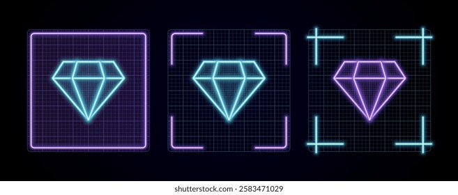 Diamond icon vector, cyber neon visual, glowing border grid vector.	