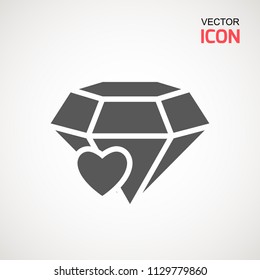Diamond Icon Vector. Diamond and heart sign icon. Jewelry symbol. Gem stone. Graphic element. Silhouette simple. Logotype concept. Logo design template. Simple flat symbol.  On white background.
