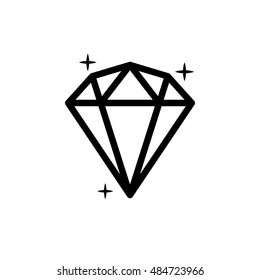 Diamond icon. Vector Illustration. Shiny crystal sign. Brilliant stone. Black stroke isolated on white background. Fashion modern design. Flat element. Symbol gift, jewel, gem or royal, rich.