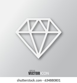 Diamond icon in white style with shadow isolated on grey background. For your design, logo. Vector illustration.
