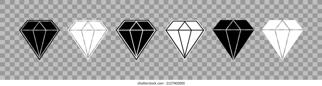 Iconos de diamantes. Iconos de diamantes aislados en fondo transparente. Cristal de gema. Esbozar piedra angular. Logotipos en blanco y negro de joyas brillantes. Símbolo gráfico de joyería. Carro de moda. Vector.