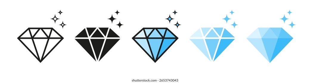Diamantsymbole, die von der Kontur bis zum Blau reichen, symbolisieren eine größere Klarheit, Qualität oder einen höheren Wert, wobei Funkeln das erstklassige Gefühl verstärken.