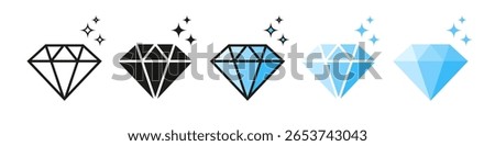 Diamond icons progressing from outline to filled blue, symbolizing increasing clarity, quality, or value, with sparkles enhancing the premium feel.