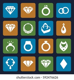 diamond icons set. Set of 16 diamond filled icons such as gem, ring, necklace, earring, Diamonds, Diamond, ring in box