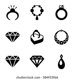 diamond icons set. Set of 9 diamond filled icons such as ring, necklace, earring, Diamond, ring in box