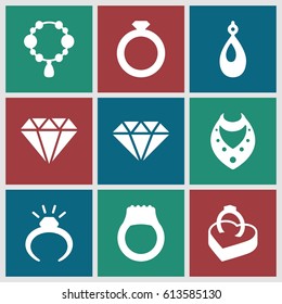 Diamond icons set. set of 9 diamond filled icons such as ring, necklace, earring, ring in box
