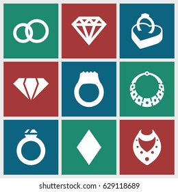Diamond icons set. set of 9 diamond filled icons such as gem, necklace, Diamonds, Diamond, ring in box, ring