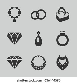 Diamond icons set. set of 9 diamond filled icons such as necklace, diamond, earring, ring in box, ring, gem