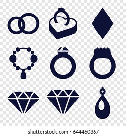 Diamond icons set. set of 9 diamond filled icons such as necklace, earring, diamonds, ring in box, gem, ring