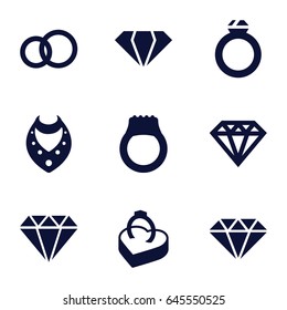 Diamond icons set. set of 9 diamond filled icons such as gem, necklace, diamond, ring in box, ring
