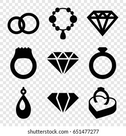 Diamond icons set. set of 9 diamond filled icons such as gem, necklace, earring, diamond, ring in box, ring