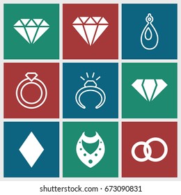 Diamond icons set. set of 9 diamond filled and outline icons such as gem, necklace, diamonds, ring, earring