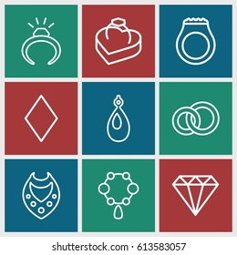 Diamond icons set. set of 9 diamond outline icons such as gem, ring, necklace, earring, Diamonds, ring in box