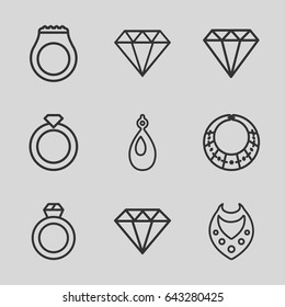 Diamond icons set. set of 9 diamond outline icons such as gem, necklace, earring, diamond