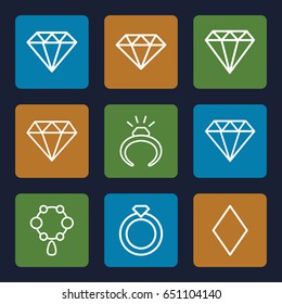 Diamond icons set. set of 9 diamond outline icons such as gem, ring, necklace