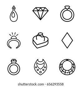 Diamond icons set. set of 9 diamond outline icons such as ring, necklace, earring, diamonds, diamond