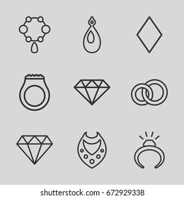 Diamond icons set. set of 9 diamond outline icons such as ring, necklace, diamond, earring, diamonds, gem