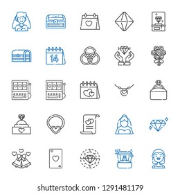 diamond icons set. Collection of diamond with bride, ring, ace of hearts, wedding bells, marriage, necklace, engagement ring, valentines day. Editable and scalable diamond icons.