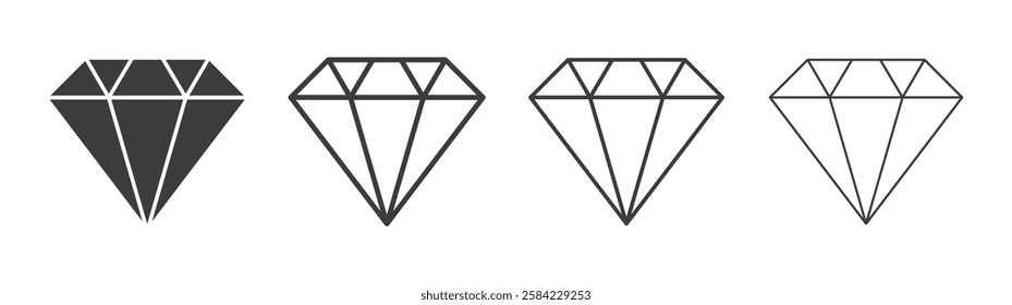 Diamond icons set. Liner outlined and flat black color