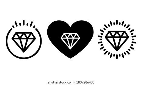 Iconos de diamantes establecidos. Símbolo de esquema de forma única de concepto de amor, boda, feliz, valor. Ilustraciones de plantillas poligonales de línea plana vectorial