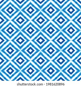 Diamond ikat Ornamental Faience Motif. Santorini Apparel Block Print. Azulejos Portugal. Decorative Geo Mixes. Arabic Modern Decor. sky blue and dark blue  Interior Floor and Wall Tile.