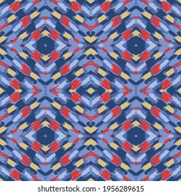 Diamond Ikat Seamless Pattern Design for Fabric. blue yellow and red background.