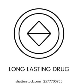 A diamond inside a circular frame icon in vector, symbolizing stability and long lasting medication, with an editable stroke.