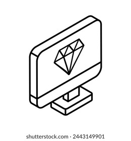 Diamond inside computer monitor showing concept isometric icon of diamond screen