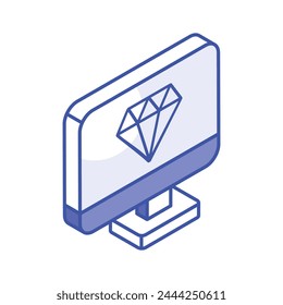 Diamond inside computer monitor showing concept isometric icon of diamond screen