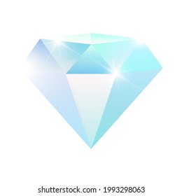 Diamond isolated on white background. One beautiful jewel or brilliant. Glossy glass stone. Cartoon gem for game icon or jewelry store logo. Vector illustration EPS10