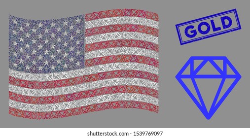 Diamond items are grouped into USA flag abstraction with blue rectangle rubber stamp seal of Gold caption. Vector collage of America waving state flag is created with diamond items.