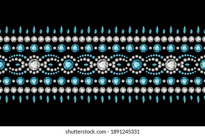 Diamond jewellery border pattern on black background. Elegant jewelry necklace or bracelet decoration with gemstones. Embroidery ornament in boho style. Vector illustration