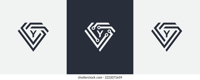 Diamond Jewellery and Diamond Tech Logo Bundle Set Concept symbol icon sign Element Design with initial Letter Y. Technology, Jewelry Logotype. Vector illustration template