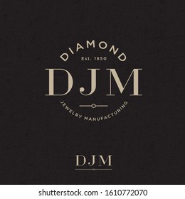 Diamond Jewelry manufacturing logo. D, J and M monogram on a circle. Gold and Silver Jewelry Logo. Premium Emblem for Beauty Brand.