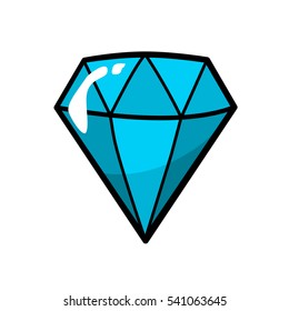 Diamond, jewelry patch badge, sticker, pin isolated on white. Vector cartoon blue precious shine brilliant, adamant, gem stone. Cool luxury illustration. Modern fashion Pop Art comic style 80s 90s