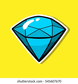Diamond, jewelry patch badge, sticker, pin isolated on yellow. Top view. Vector cartoon blue shine brilliant, adamant, gem stone. Cool luxury illustration. Modern fashion Pop Art comic style 80s 90s