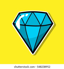 Diamond, jewelry patch badge, sticker, pin isolated on yellow. Colored Vector cartoon shine brilliant, adamant, gem stone. Cool luxury illustration. Modern fashion Pop Art comic style 80-s 90-s