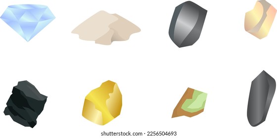 diamond jewelry, sand construction, metal, gypsum stone, coal stone, gold, nickel, magnet, mine raw material stone, mine industry, mineral goods, Set of stones isolated on white background