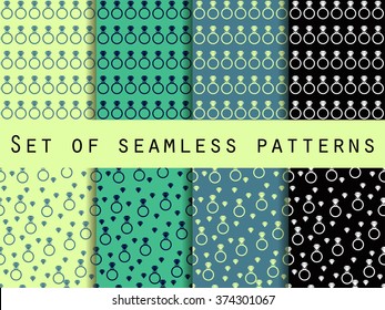Diamond jewelry. Set of seamless patterns with diamonds and rings. The faceted diamond. The pattern for wallpaper, bed linen, tiles, fabrics, backgrounds. Vector illustration.