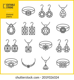 Diamond jewelry vector icon set. Editable stroke design. Ring, necklace and earring.