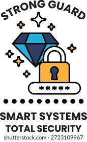 Um diamante e uma chave estão sobre um fundo branco. O diamante é cercado por estrelas e a chave é cercada por flocos de neve. A imagem é intitulada "Strong Guard Smart Systems Total Security"