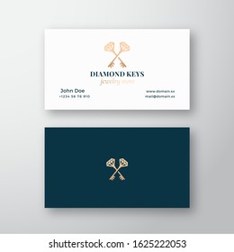 Diamond Keys Jewelry Store. Abstract Vector Sign, Symbol or Logo Logo and Business Card Template. Crossed Keys Sillhouettes with Classy Retro Typography. Premium Stationary Realistic Mock Up. Isolated