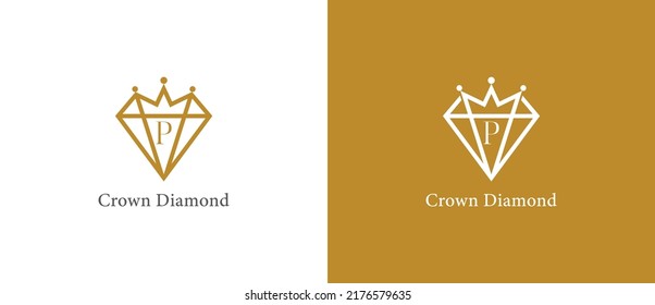 Símbolo del símbolo del logotipo de Diamond King Concept Diseño con letra P. Diamante con diseño del logotipo de la Corona. Plantilla de logotipo de ilustración de vector