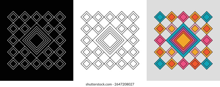 Diamond lattice mandala with symmetrical layers and dynamic color accents for bold decor.