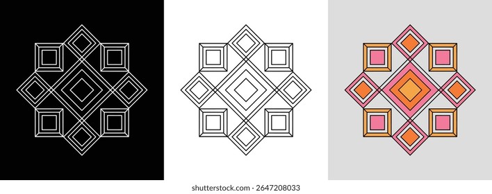 Diamond lattice mandala with symmetrical layers and dynamic color accents for vibrant decor.
