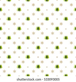 Diamond layout seamless pattern featuring green Christmas trees and beige snowflakes on white background. Perfect for holiday wrapping and winter-themed decoration.