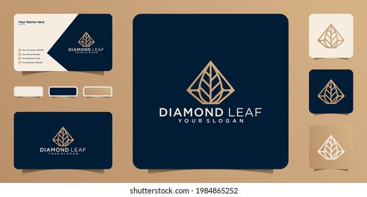 diamond leaf shape with gold color outline style icon design and business card